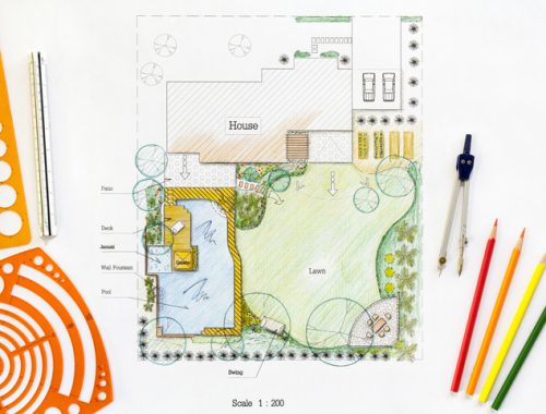 Jak zaprojektować ogród- papierowy plan domu z ogrodem, obok leżą kolorowe kredki i przyrządy do pisania.