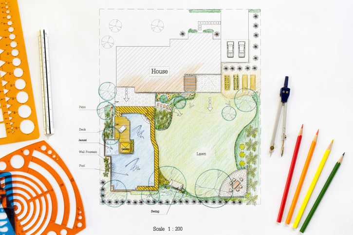 Jak zaprojektować ogród- papierowy plan domu z ogrodem, obok leżą kolorowe kredki i przyrządy do pisania.